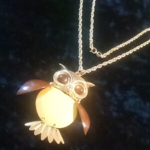 Vintage Gold and Brown Owl Tassel Pendant Necklace.